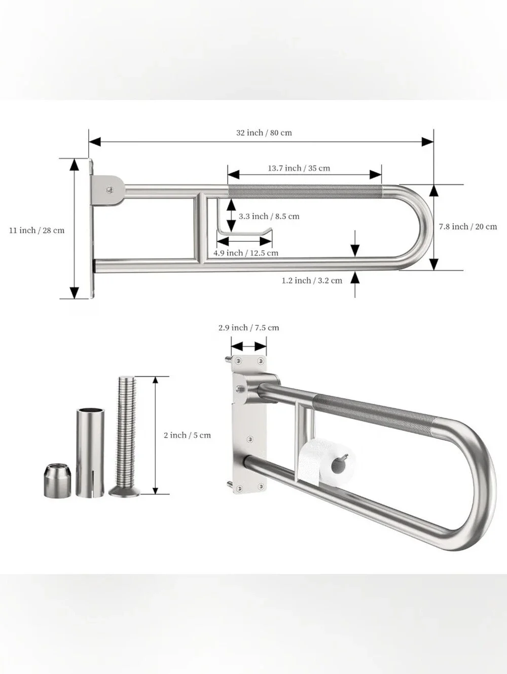 Toilet Grab Bar 32 Inch Brushed Nickel Anti-Slip Support Rail With Paper Holder